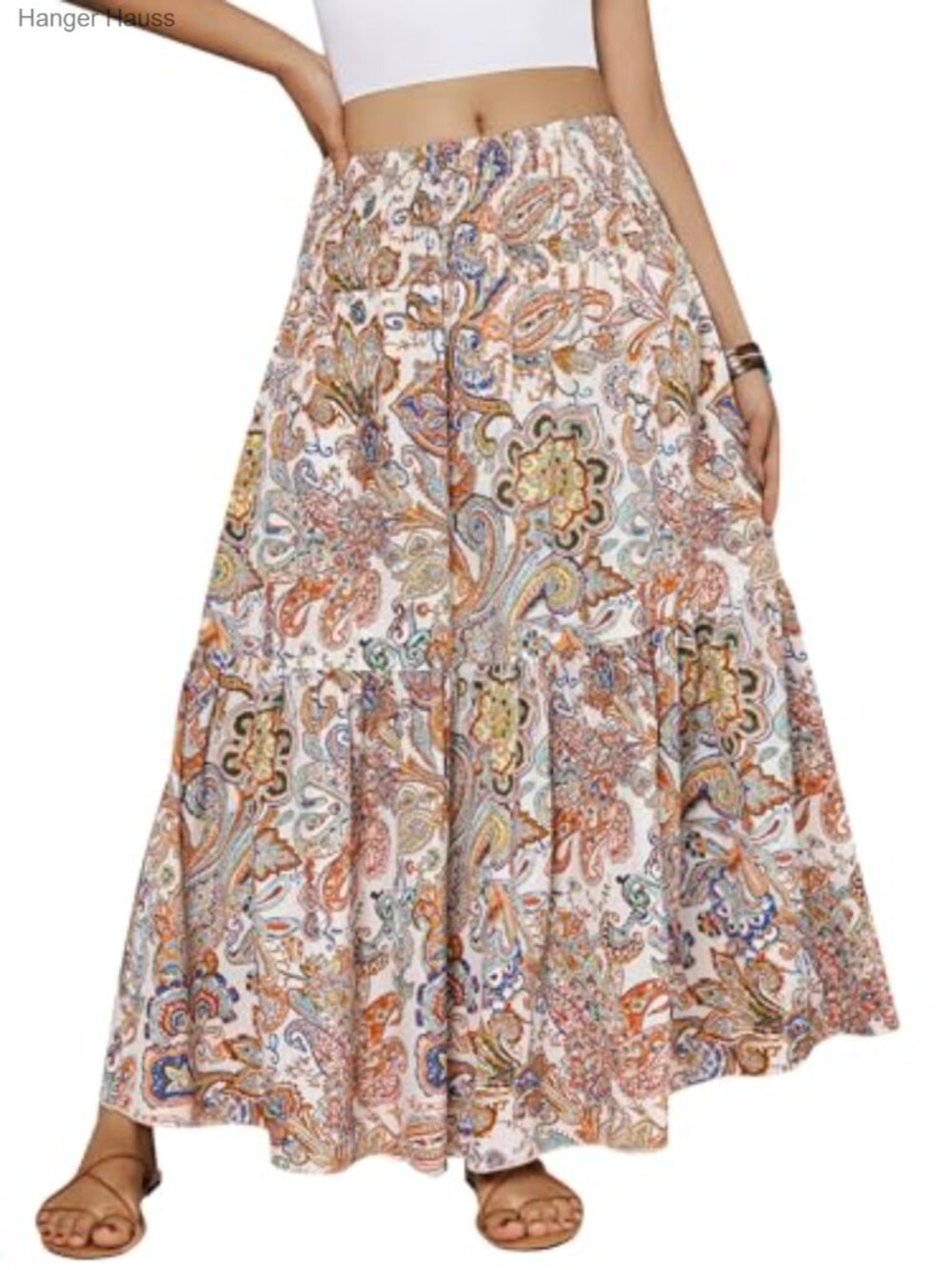 Boho High Waist Pleated A-Line Flowy Maxi Skirt for Women